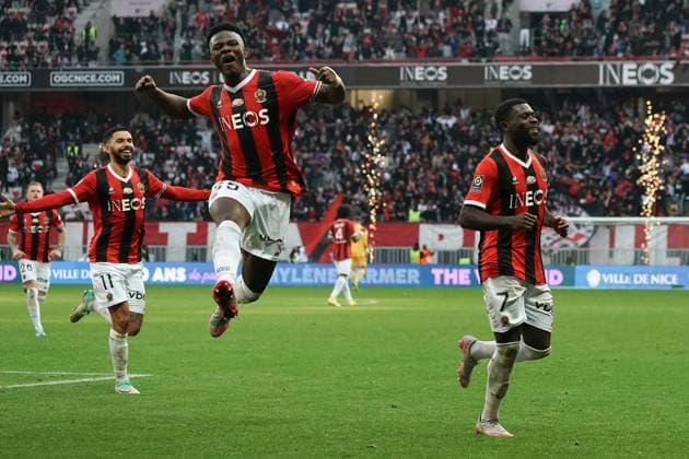 Joie - JÃ rÃ mie Boga (OGC Nice) - Youssouf Ndayishimiye (OGC Nice) FOOTBALL : OGC Nice vs Stade de Reims - Ligue 1 Uber Eats - Nice - 10 12 2023 NorbertScanella Panoramic 