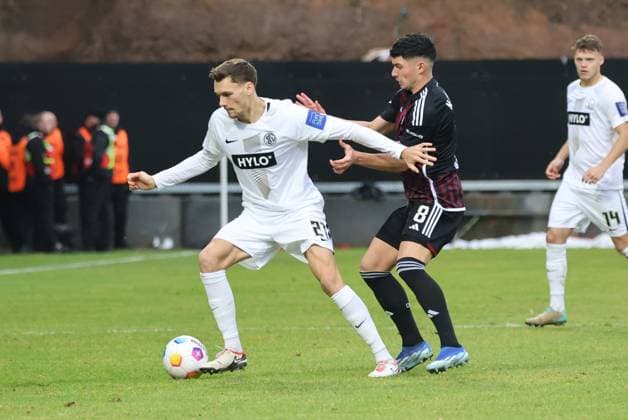 10 12 2023, Football, Men, 2 Bundesliga, Season 2023 2024, SV 07 Elversberg 1 FC Nürnberg, Paul Stock SV 07 Elversberg , Taylan Duman 1 FC Nürnberg Elversberg Ursapharm Arena an der Kaiserlinde Saarland Germany EN
