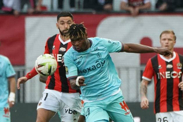 Emmanuel Agbadou (Stade de Reims) - Morgan Sanson (OGC Nice) FOOTBALL : OGC Nice vs Stade de Reims - Ligue 1 Uber Eats - Nice - 10 12 2023 NorbertScanella Panoramic 