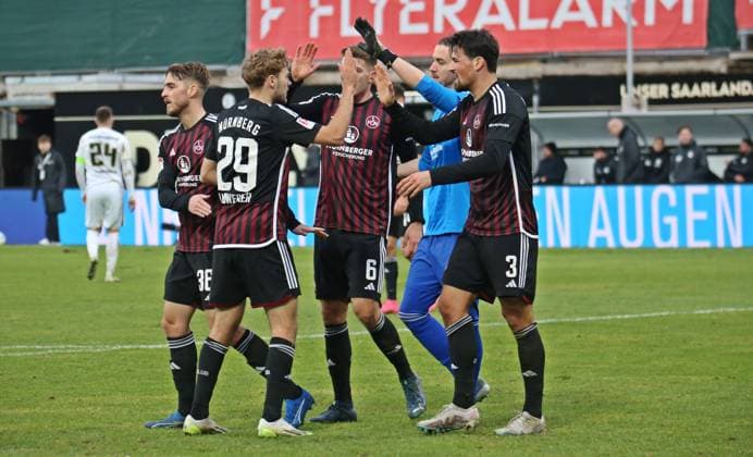 10 12 2023, xmohx, Soccer 2 Bundesliga, SV Elversberg 1 FC Nürnberg emspor, v l Nürnberg celebrates the victory DFL DFB REGULATIONS PROHIBIT ANY USE OF PHOTOGRAPHS as IMAGE SEQUENCES and or QUASI VIDEO Elversberg