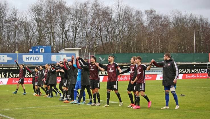 10 12 2023, xmohx, Soccer 2 Bundesliga, SV Elversberg 1 FC Nürnberg emspor, v l Nürnberg celebrates the victory DFL DFB REGULATIONS PROHIBIT ANY USE OF PHOTOGRAPHS as IMAGE SEQUENCES and or QUASI VIDEO Elversberg