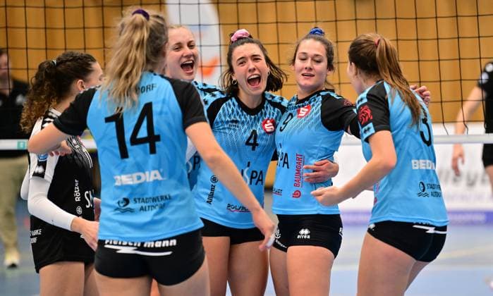 11 12 2023 Volleyball 2 Bundesliga Women Women Season 2023 2024 TV Suspa Altdorf BSP MTV Stuttgart xwoxzix Katharina Schön 2, TV Altdorf Alina Hösch 4, TV Altdorf Julia Reich 9, TV Altdorf and team Team Jubel Freude