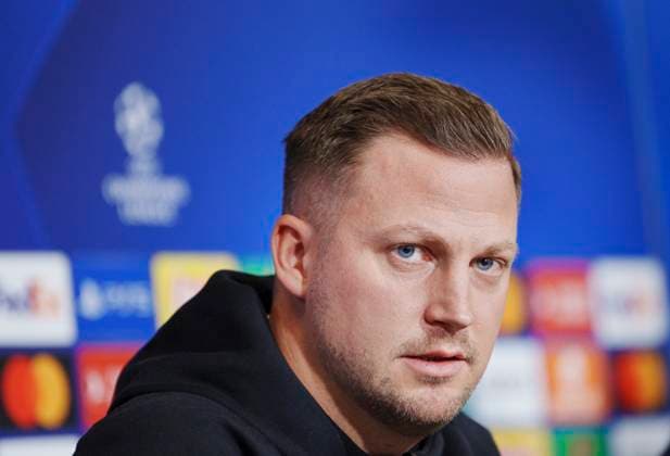 Head coach Jacob Neestrup during the FC Copenhagen press conference on Monday 11 December 2023 FC Copenhagen will meet Turkish Galatasaray in the Champions League on Tuesday Photo Liselotte Sabroe Ritzau Scanpix , Copenhagen Denmark  Copyright: Ritzau Scanpix LiselottexSabroex COP15259 spdk20231211-142825-L