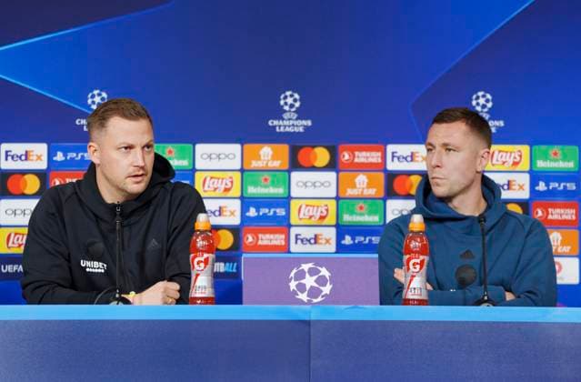 Head coach Jacob Neestrup and Lukas Lerager during the FC Copenhagen press conference on Monday 11 December 2023 FC Copenhagen will meet Turkish Galatasaray in the Champions League on Tuesday Photo Liselotte Sabroe Ritzau Scanpix , Copenhagen Denmark  Copyright: Ritzau Scanpix LiselottexSabroex COP15259 spdk20231211-143353-L