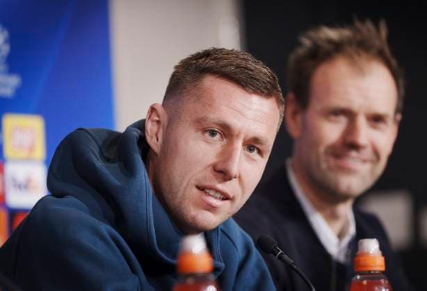 Head coach Jacob Neestrup and Lukas Lerager during the FC Copenhagen press conference on Monday 11 December 2023 FC Copenhagen will meet Turkish Galatasaray in the Champions League on Tuesday Photo Liselotte Sabroe Ritzau Scanpix , Copenhagen Denmark  Copyright: Ritzau Scanpix LiselottexSabroex COP15259 spdk20231211-144532-L