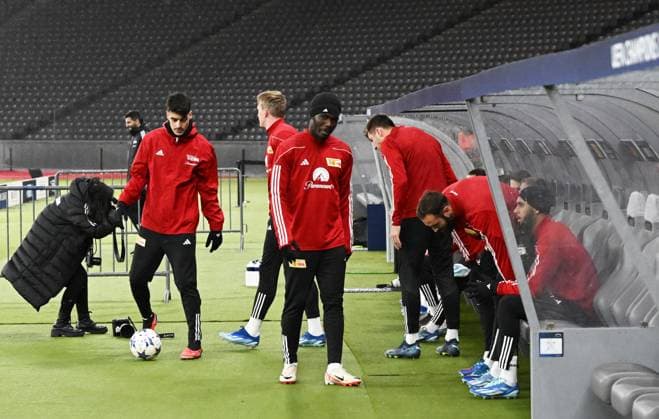 Football, Men, Season 2023 2024, UEFA Champions League Group C, Matchday 6 , 1 FC Union Berlin Real Madrid, Press conference training of Union at the Olympiastadion the day before the match, in the picture from l Diogo Leite 1 FC Union Berlin , Mikkel Kaufmann 1 FC Union Berlin , David Datro Fofana 1 FC Union Berlin , Robin Knoche 1 FC Union Berlin , Lucas Tousart 1 FC Union Berlin , Aissa Laidouni 1 FC Union Berlin , 11 12 2023, Copyright: xMatthiasxKochx