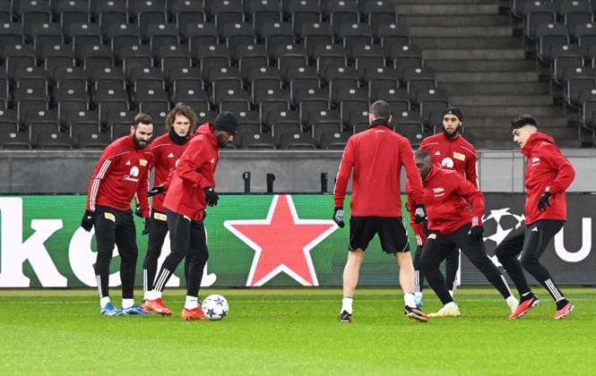 Football, Men, Season 2023 2024, UEFA Champions League Group C, Matchday 6 , 1 FC Union Berlin Real Madrid, Press conference training of Union at the Olympiastadion the day before the match, in the picture from l Lucas Tousart 1 FC Union Berlin , Alex Kral 1 FC Union Berlin , Sheraldo Becker 1 FC Union Berlin , Leonardo Bonucci 1 FC Union Berlin , Jerome Roussillon 1 FC Union Berlin , Aissa Laidouni 1 FC Union Berlin , Diogo Leite 1 FC Union Berlin , 11 12 2023, Copyright: xMatthiasxKochx