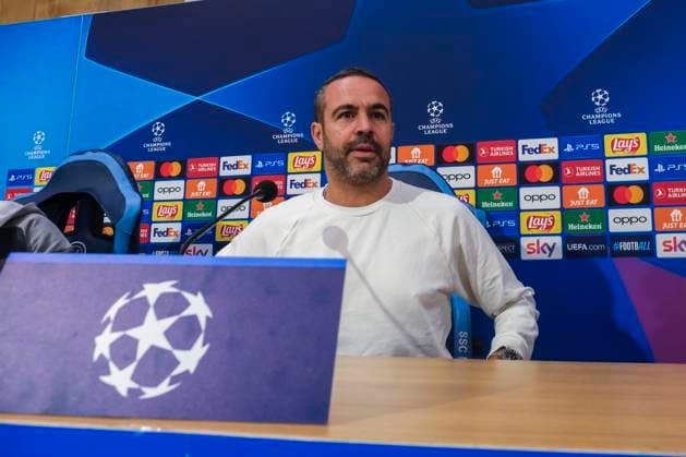 press conference, PK, Pressekonferenz Braga CL Braga™s Portuguese midfielder Andre Horta and Braga™s Portuguese coach Artur Jorge During press conference Braga before UEFA Champions League match against SSC Napoli at the Diego Armando Maradona stadium December 11, 2023, in Naples, Italy. DSCF3677 Copyright: xAntonioxBalascox