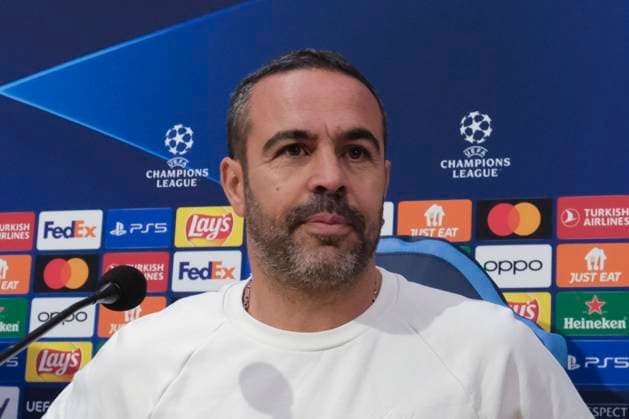 press conference, PK, Pressekonferenz Braga CL Braga™s Portuguese midfielder Andre Horta and Braga™s Portuguese coach Artur Jorge During press conference Braga before UEFA Champions League match against SSC Napoli at the Diego Armando Maradona stadium December 11, 2023, in Naples, Italy. DSCF3678 Copyright: xAntonioxBalascox