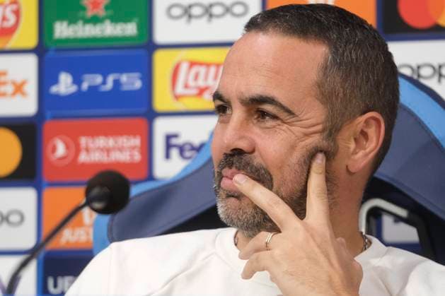 press conference, PK, Pressekonferenz Braga CL Braga™s Portuguese midfielder Andre Horta and Braga™s Portuguese coach Artur Jorge During press conference Braga before UEFA Champions League match against SSC Napoli at the Diego Armando Maradona stadium December 11, 2023, in Naples, Italy. DSCF3891 Copyright: xAntonioxBalascox