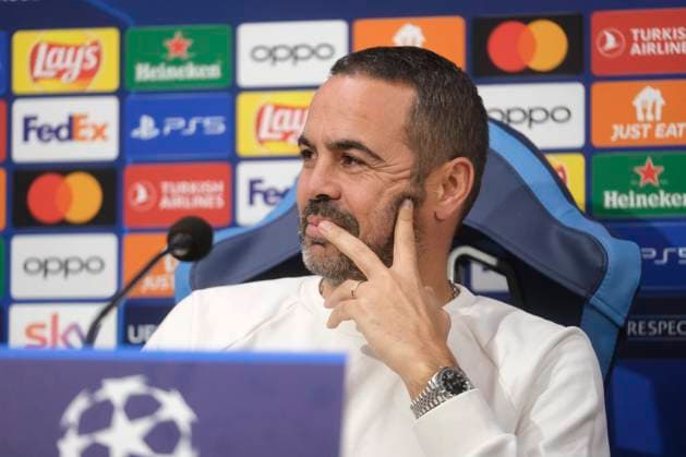 press conference, PK, Pressekonferenz Braga CL Braga™s Portuguese midfielder Andre Horta and Braga™s Portuguese coach Artur Jorge During press conference Braga before UEFA Champions League match against SSC Napoli at the Diego Armando Maradona stadium December 11, 2023, in Naples, Italy. DSCF3892 Copyright: xAntonioxBalascox