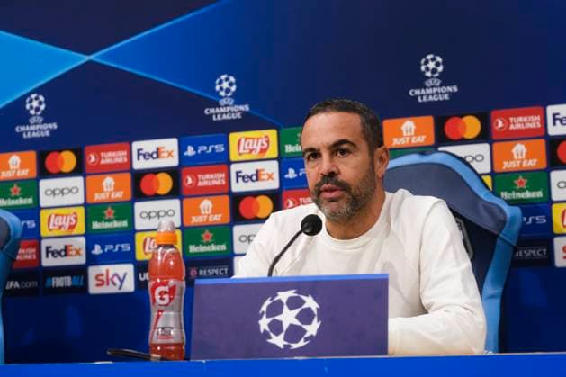 press conference, PK, Pressekonferenz Braga CL Braga™s Portuguese midfielder Andre Horta and Braga™s Portuguese coach Artur Jorge During press conference Braga before UEFA Champions League match against SSC Napoli at the Diego Armando Maradona stadium December 11, 2023, in Naples, Italy. DSCF3909 Copyright: xAntonioxBalascox