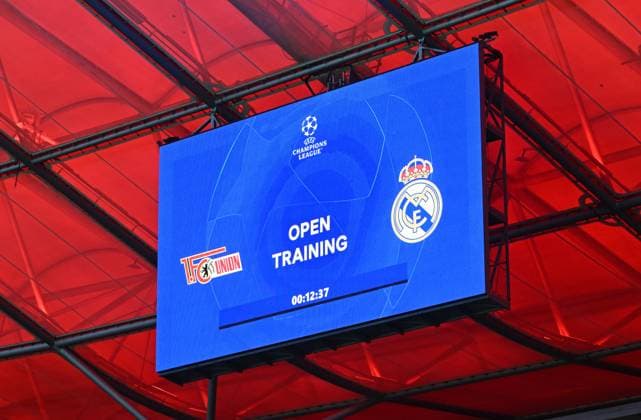 Football, Men, Season 2023 2024, UEFA Champions League Group C, Matchday 6 , 1 FC Union Berlin Real Madrid, Press conference training of Real Madrid in the Olympic Stadium the day before the match, in the picture scoreboard with pairing, 11 12 2023, Copyright: xMatthiasxKochx