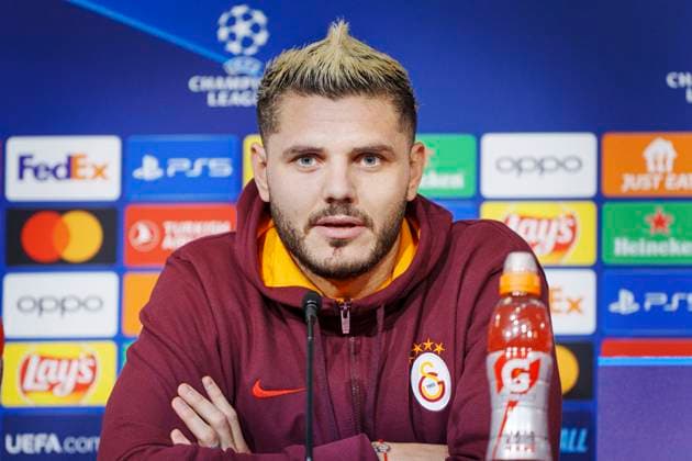 Galatasaray with Mauro Icardi and the head coach give a press conference on Monday 11 December 2023 in Copenhagen Galatasaray meets FC Copenhagen in the Champions League in the Park on Tuesday Photo Liselotte Sabroe Ritzau Scanpix , Copenhagen Denmark  Copyright: Ritzau Scanpix LiselottexSabroex COP15260 spdk20231211-185353-L