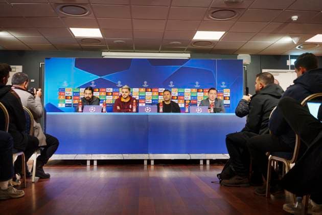 Galatasaray with head coach Okan Buruk right and Mauro Icardi give a press conference on Monday 11 December 2023 in Copenhagen Galatasaray meets FC Copenhagen in the Champions League in the Park on Tuesday Photo Liselotte Sabroe Ritzau Scanpix , Copenhagen Denmark  Copyright: Ritzau Scanpix LiselottexSabroex COP15260 spdk20231211-190324-L