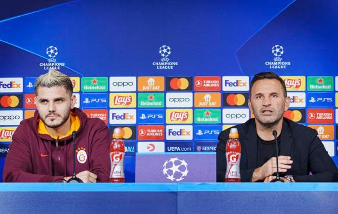 Galatasaray with head coach Okan Buruk right and Mauro Icardi give a press conference on Monday 11 December 2023 in Copenhagen Galatasaray meets FC Copenhagen in the Champions League in the Park on Tuesday Photo Liselotte Sabroe Ritzau Scanpix , Copenhagen Denmark  Copyright: Ritzau Scanpix LiselottexSabroex COP15260 spdk20231211-190537-L