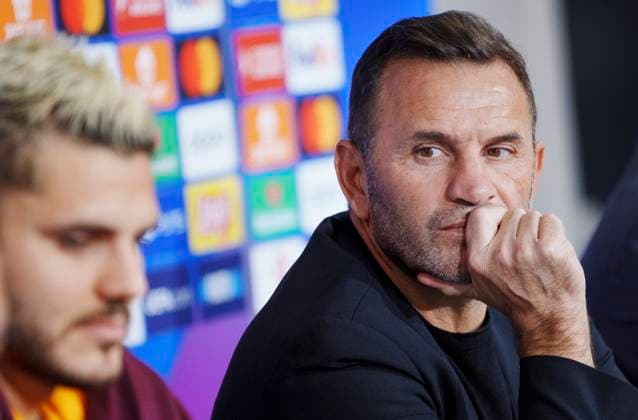 Galatasaray with head coach Okan Buruk right and Mauro Icardi give a press conference on Monday 11 December 2023 in Copenhagen Galatasaray meets FC Copenhagen in the Champions League in the Park on Tuesday Photo Liselotte Sabroe Ritzau Scanpix , Copenhagen Denmark  Copyright: Ritzau Scanpix LiselottexSabroex COP15260 spdk20231211-191105-L