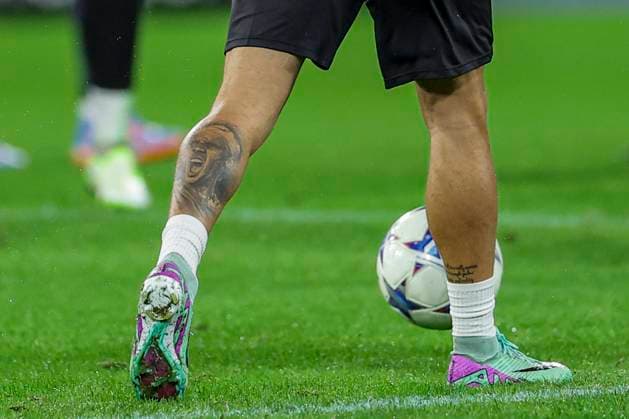 traning SC Braga Braga s Portuguese midfielder Andre Horta s tattoo with the face of tennis player Nadal during the SC Braga training the day before the Champions League football match against SSC Napoli at the Diego Armando Maradona stadium on 11 December, 2023 ABPH4793 Copyright: xAntonioxBalascox
