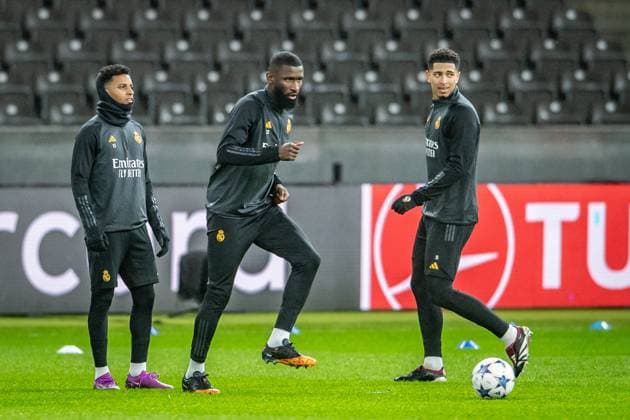 UEFA Champions League press conference and training Real Madrid Berlin, 11 12 2023 Rodrygo Real Madrid, 11 , Antonio Rüdiger Real Madrid, 22 , Jude Bellingham Real Madrid, 5 UEFA Champions League press conference and training Real Madrid before the match 1 FC Union Berlin vs Real Madrid, Olympiastadion, Berlin, 11 12 2023 Copyright: xBEAUTIFULxSPORTS LucianoxLimax