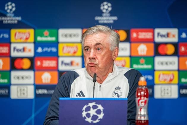 UEFA Champions League press conference and training Real Madrid Berlin, 11 12 2023 Carlo Ancelotti coach Real Madrid UEFA Champions League press conference and training Real Madrid before the match 1 FC Union Berlin vs Real Madrid, Olympiastadion, Berlin, 11 12 2023 Copyright: xBEAUTIFULxSPORTS LucianoxLimax