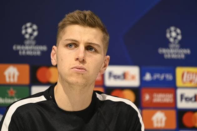 Antwerp s goalkeeper Jean Butez pictured during a press conference, PK, Pressekonferenz of Belgian soccer team Royal Antwerp FC, on Tuesday 12 December 2023 in Antwerp. The team is preparing for tomorrow s game against Spanish club FC Barcelona, Barca on day six of the Champions League group stage, in group H. TOM GOYVAERTS TomxGoyvaerts  x82152329x