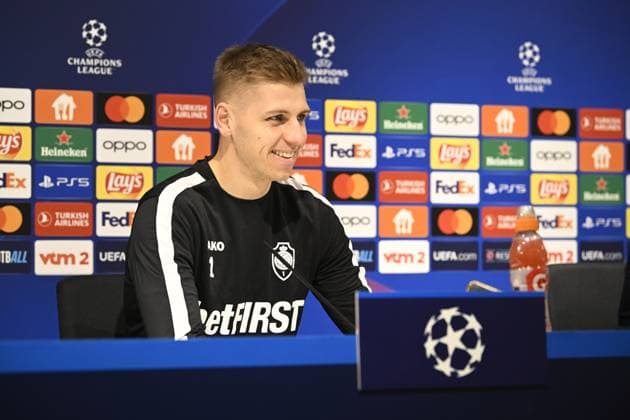 Antwerp s goalkeeper Jean Butez pictured during a press conference, PK, Pressekonferenz of Belgian soccer team Royal Antwerp FC, on Tuesday 12 December 2023 in Antwerp. The team is preparing for tomorrow s game against Spanish club FC Barcelona, Barca on day six of the Champions League group stage, in group H. TOM GOYVAERTS TomxGoyvaerts  x82152393x