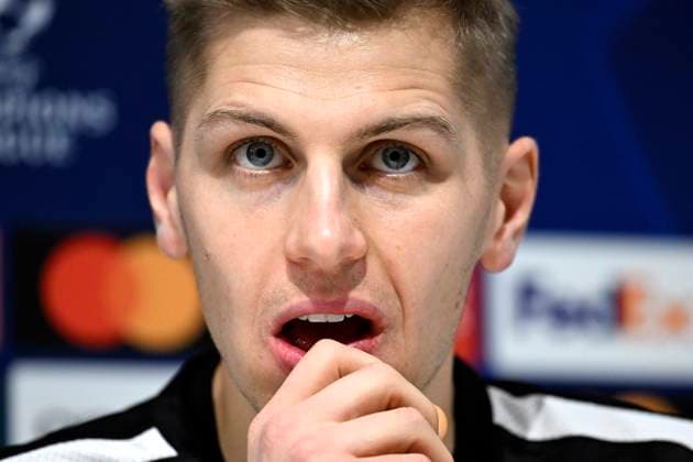 Royal Antwerp FC v FC Barcelona, Barca - UEFA Champions League Media Activities 12 12 2023 DEURNE, BELGIUM - DECEMBER 12 : Butez Jean goalkeeper of Antwerp FC talking to the press during a press conference, PK, Pressekonferenz prior to the UEFA Champions League group H match between Royal Antwerp FC and FC Barcelona on December 12, 2023 in Deurne, Belgium, 12 12 2023 Deurne Belgium  Copyright: xVincentxKalutx