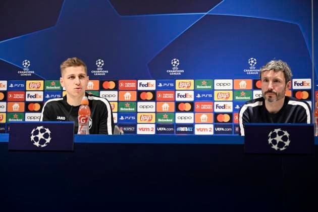 Royal Antwerp FC v FC Barcelona, Barca - UEFA Champions League Media Activities 12 12 2023 DEURNE, BELGIUM - DECEMBER 12 : Butez Jean goalkeeper of Antwerp FC and Van Bommel Mark head coach of Antwerp FC talking to the press during a press conference, PK, Pressekonferenz prior to the UEFA Champions League group H match between Royal Antwerp FC and FC Barcelona on December 12, 2023 in Deurne, Belgium, 12 12 2023 Deurne Belgium  Copyright: xVincentxKalutx