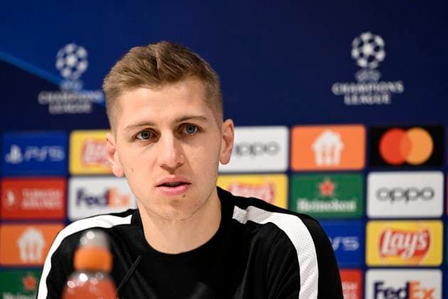 Royal Antwerp FC v FC Barcelona, Barca - UEFA Champions League Media Activities 12 12 2023 DEURNE, BELGIUM - DECEMBER 12 : Butez Jean goalkeeper of Antwerp FC talking to the press during a press conference, PK, Pressekonferenz prior to the UEFA Champions League group H match between Royal Antwerp FC and FC Barcelona on December 12, 2023 in Deurne, Belgium, 12 12 2023 Deurne Belgium  Copyright: xVincentxKalutx