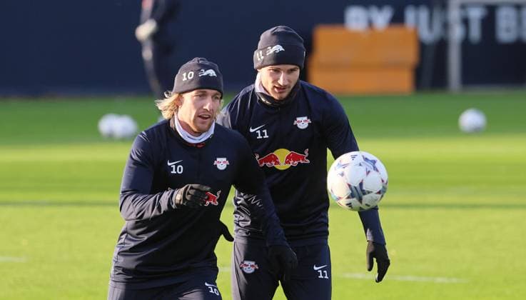 RB Leipzig training Champions League Leipzig, 12 12 2023, RB training center, UEFA Champions League , RB Leipzig final training the day before RBL v Young Boys Bern , In the picture from l Emil Forsberg 10, RB Leipzig and Timo Werner 11, RB Leipzig , Picture Point