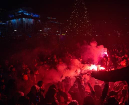 COPENHAGEN, DENMARK - DECEMBER 12: Galatasaray A.S fans set up flares in Copenhagen city centre before the UEFA Champions League match between F.C. Copenhagen and Galatasaray A.S. at Parken Stadium on December 12, 2023 in Copenhagen, D F.C. Copenhagen v Galatasaray A.S.: Group A - UEFA Champions League 2023 24 Copyright: xSebastianxFrejx