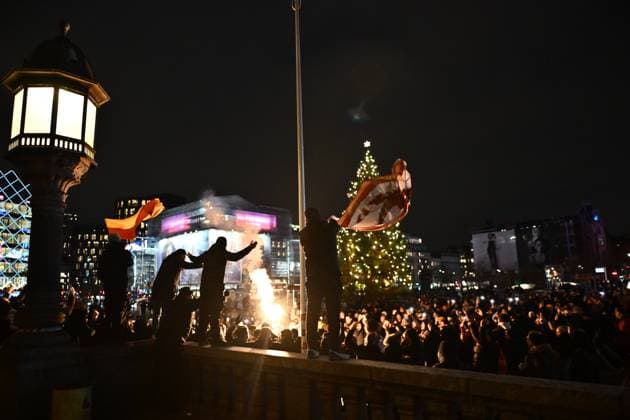 COPENHAGEN, DENMARK - DECEMBER 12: Galatasaray A.S fans set up flares in Copenhagen city centre before the UEFA Champions League match between F.C. Copenhagen and Galatasaray A.S. at Parken Stadium on December 12, 2023 in Copenhagen, D F.C. Copenhagen v Galatasaray A.S.: Group A - UEFA Champions League 2023 24 Copyright: xSebastianxFrejx