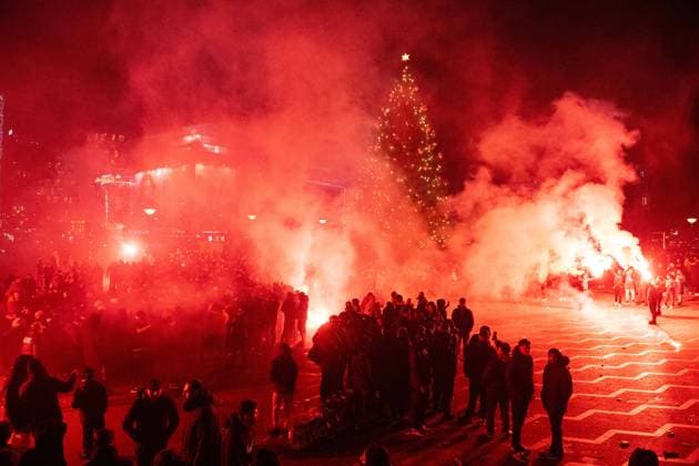 COPENHAGEN, DENMARK - DECEMBER 12: Galatasaray A.S fans set up flares in Copenhagen city centre before the UEFA Champions League match between F.C. Copenhagen and Galatasaray A.S. at Parken Stadium on December 12, 2023 in Copenhagen, D F.C. Copenhagen v Galatasaray A.S.: Group A - UEFA Champions League 2023 24 Copyright: xSebastianxFrejx