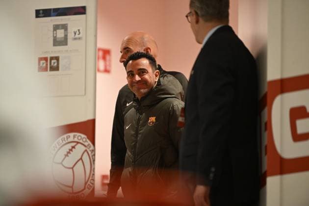 Barcelona s head coach Xavi arrives for a press conference, PK, Pressekonferenz of Spanish club FC Barcelona, Barca on Tuesday 12 December 2023 in Antwerp. The team is preparing for tomorrow s game against Belgian soccer team Royal Antwerp FC, on day six of the Champions League group stage, in group H. TOM GOYVAERTS TomxGoyvaerts  x82177244x