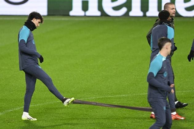 Barcelona s Joao Felix pictured during a training of Spanish club FC Barcelona, Barca on Tuesday 12 December 2023 in Antwerp. The team is preparing for tomorrow s game against Belgian soccer team Royal Antwerp FC, on day six of the Champions League group stage, in group H. TOM GOYVAERTS TomxGoyvaerts  x82177978x