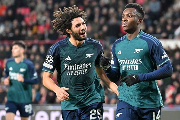 Eindhoven, Philips Stadion, 12 12 23, GER, Men, UEFA Champions League, Season 2023 2024, PSV Eindhoven Arsenal FC Picture Edward NKETIAH Arsenal cheers after his goal to 0 1 Only for editorial use UEFA regulations prohibit any use of photographs as image sequences and or quasi video North Brabant Netherlands