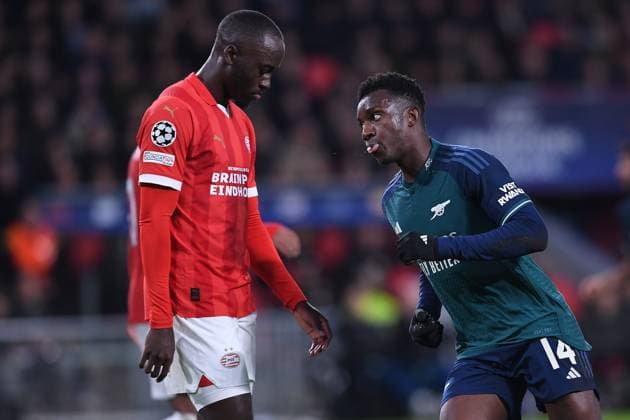 Soccer Champions League matchday 6 PSV Eindhoven FC Arsenal on 12 12 2023 at Philips Stadion in Eindhoven Goal celebration to 0 1 by Eddie Nketiah Arsenal xRx