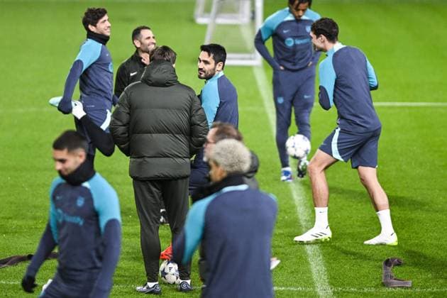 Barcelona s Ilkay Gundogan pictured during a training of Spanish club FC Barcelona, Barca on Tuesday 12 December 2023 in Antwerp. The team is preparing for tomorrow s game against Belgian soccer team Royal Antwerp FC, on day six of the Champions League group stage, in group H. TOM GOYVAERTS TomxGoyvaerts  x82178982x