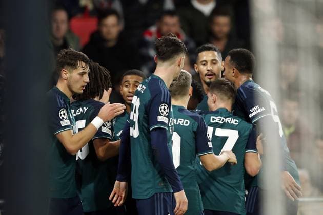 EINDHOVEN - (l-r) William Saliba of Arsenal FC, Mohamed Elneny of Arsenal FC, Kai Havertz of Arsenal FC, Thomas Partey of Arsenal FC celebrate the 0-1 during the UEFA Champions League match in group B between PSV Eindhoven and Arsenal FC in the Phillips stadium on December 12, 2023 in Eindhoven, Netherlands. ANP Hollandse Hoogte Bart Stoutjesdijk UEFA Champions League 2023 24 2023 2024 xVIxANPxSportx xBartxStoutjesdijkxIVx 486129372 originalFilename: 486129372.jpg