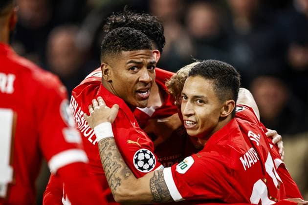 EINDHOVEN - (l-r) Patrick van Aanholt of PSV Eindhoven, Mauro Junior of PSV Eindhoven celebrate the 1-1 during the UEFA Champions League group B match between PSV Eindhoven and Arsenal FC at the Phillips stadium on December 12, 2023 in Eindhoven, Netherlands. ANP MAURICE VAN STEEN UEFA Champions League 2023 24 2023 2024 xVIxANPxSportx xxANPxIVx 486129808 originalFilename: 486129808.jpg