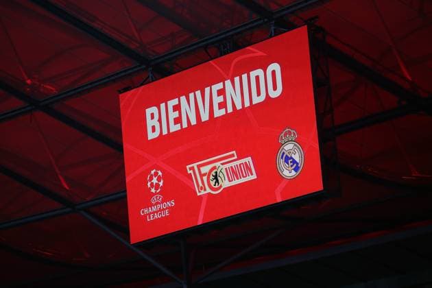 12 12 2023, xtgx, football UEFA Champions League, Union Berlin Real Madrid emspor, v l symbol image Champions League Union Berlin scoreboard in the Olympiastadion DFL DFB REGULATIONS PROHIBIT ANY USE OF PHOTOGRAPHS as IMAGE SEQUENCES and or QUASI VIDEO Berlin