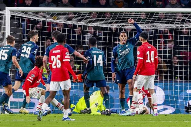 EINDHOVEN, 12-12-2023, Philips Stadium, UEFA Champions League season 2023 24, match between PSV and Arsenal, goal of Arsenal player Gabriel are canceled by Referee Tobias Stieler after offside PSV - Arsenal  x23497125x Copyright: