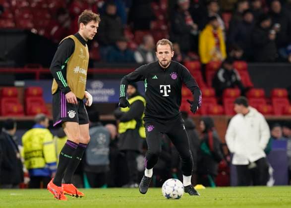 Manchester, England, 12th December 2023. Harry Kane of Bayern Munich (r) during the UEFA Champions League match at Old Trafford, Manchester. Picture credit should read: Andrew Yates Sportimage EDITORIAL USE ONLY. No use with unauthorised audio, video, data, fixture lists, club league logos or live services. Online in-match use limited to 120 images, no video emulation. No use in betting, games or single club league player publications. SPI-2800-0005