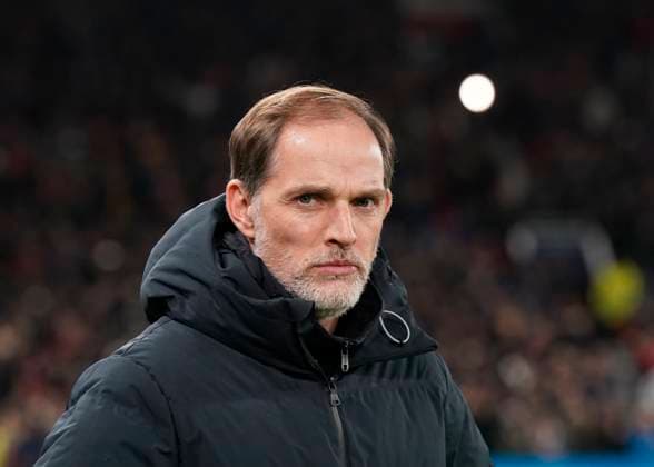 Manchester, England, 12th December 2023. Thomas Tuchel manager of Bayern Munich during the UEFA Champions League match at Old Trafford, Manchester. Picture credit should read: Andrew Yates Sportimage EDITORIAL USE ONLY. No use with unauthorised audio, video, data, fixture lists, club league logos or live services. Online in-match use limited to 120 images, no video emulation. No use in betting, games or single club league player publications. SPI-2800-0008