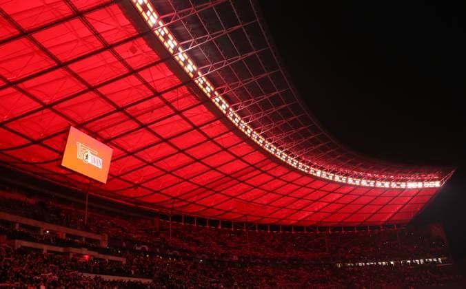 Olympiastadion Sportstätte Übersicht in Rot Sport Fußball Fußball UEFA Champions League UCL Herren 6 Spieltag Saison 2023 2024 12 12 2023 1 FC Union Berlin FCU vs Real Madrid Olympiastadion DFL regulations prohibit any use of photographs as image sequences and or quasi video