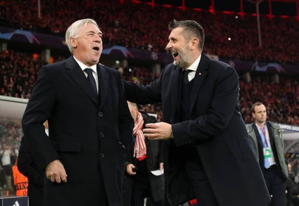 Coach Carlo Ancelotti and coach Nenad Bjelica before the start of the match Sport Football Soccer UEFA Champions League UCL Men 6 Matchday Season 2023 2024 12 12 2023 1 FC Union Berlin FCU vs Real Madrid Olympiastadion DFL regulations prohibit any use of photographs as image sequences and or quasi video