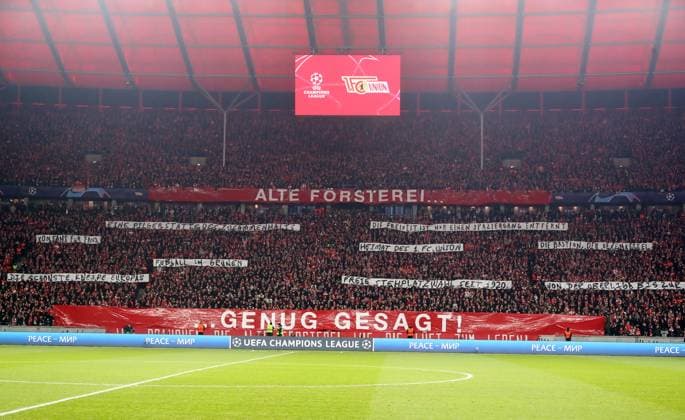 Choreography of the Unionfans Sport Football Soccer UEFA Champions League UCL Men 6 Matchday Season 2023 2024 12 12 2023 1 FC Union Berlin FCU vs Real Madrid Olympiastadion DFL regulations prohibit any use of photographs as image sequences and or quasi video