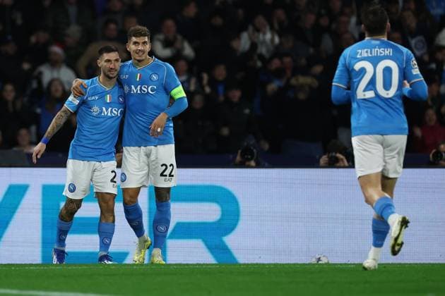 Foto Alessandro Garofalo LaPresse 12 dicembre 2023 Napoli, Italia calcio Napoli vs Braga Champions League 2023 2024 - stadio Diego Armando Maradona Nella foto: Matteo Politano (SSC Napoli); esulta dopo il gol 1-0 December 12, 2023 Naples, Italy sport soccer Napoli vs Braga - Champions League 2023 2024 - Diego Armando Maradona stadium. In the pic: Matteo Politano (SSC Napoli); celebrates after scoring 1-0  Copyright: xAlessandroxGarofalo LaPressex
