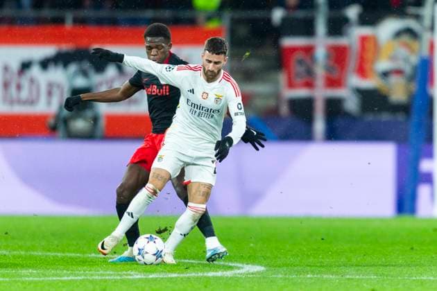 SOCCER - UEFA CL, RBS vs Benfica SALZBURG,AUSTRIA,12.DEC.23 - SOCCER - UEFA Champions League, group stage, Red Bull Salzburg vs SL Benfica. Image shows Lucas Gourna-Douath (RBS) and Rafa Silva (Benfica).  GEPAxpictures xGintarexKarpaviciute