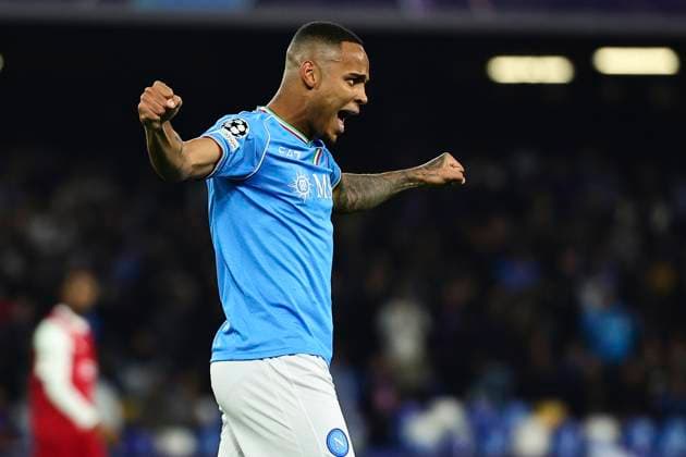 Natan Bernardo de Souza of SSC Napoli celebrates after the own goal of Serdar Saatci of SC Braga (not pictured) during the Champions League Group C football match between SSC Napoli and SC Braga at Diego Armando Maradona stadium in Naples (Italy), December 12th, 2023. cesarexpurini